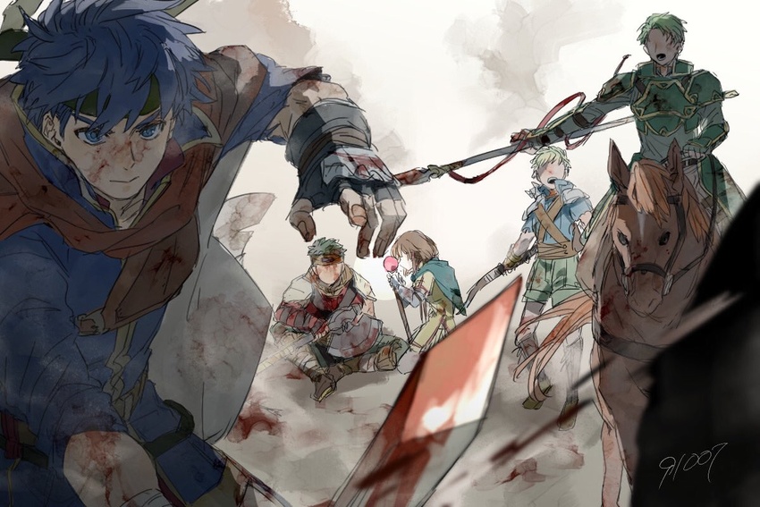 4boys 91007 axe battle blood blood_on_face blood_on_weapon blue_eyes blue_hair bow_(weapon) boyd_(fire_emblem) brothers brown_hair cavalry commentary_request female fire_emblem fire_emblem:_path_of_radiance green_hair headband holding holding_polearm holding_staff holding_sword holding_weapon horse horseback_riding ike_(fire_emblem) mist_(fire_emblem) multiple_boys open_mouth oscar_(fire_emblem) polearm riding rolf_(fire_emblem) serious short_hair shorts siblings sitting spear staff sword weapon