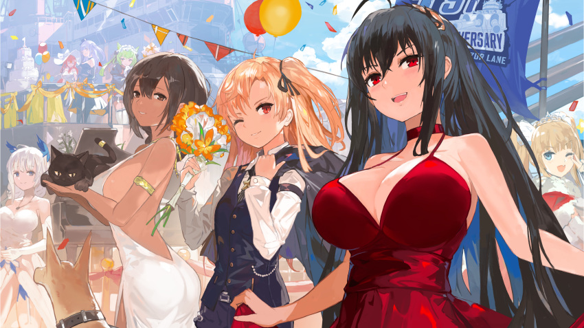 6+girls :d absurdres ahoge ajax_(azur_lane) ajax_(party_queen)_(azur_lane) akashi_(azur_lane) akashi_(the_black_cat_cometh!)_(azur_lane) alchemaniac amazon_(azur_lane) amazon_(little_orchestra)_(azur_lane) animal armlet azur_lane backless_dress backless_outfit bare_shoulders black_cat black_hair black_ribbon blonde_hair blue_eyes blue_jacket blush bouquet bow braid breasts brown_eyes brown_hair canine choker cleavage cleveland_(azur_lane) cleveland_(gentry_knight)_(azur_lane) cocktail_dress collarbone collared_shirt crossed_bangs dark-skinned_female dark_skin diadem dress elbow_gloves feline flower gloves hair_between_eyes hair_ornament hair_ribbon hat hat_bow highres holding holding_animal holding_bouquet holding_cat huge_breasts illustrious_(azur_lane) illustrious_(illustrious_ball)_(azur_lane) instrument jacket large_breasts long_hair looking_at_viewer monarch_(azur_lane) monarch_(white_warrick)_(azur_lane) multiple_girls oerba_yun_fang official_alternate_costume official_art one_eye_closed one_side_up open_mouth parted_lips piano ponytail purple_hair red_choker red_dress red_eyes red_hair ribbon shirt sidelocks smile south_dakota_(azur_lane) south_dakota_(solo_concert)_(azur_lane) strapless strapless_dress sun_hat taihou_(azur_lane) taihou_(forbidden_feast)_(azur_lane) teeth twintails two_side_up uss_iowa_(bb-61) v very_long_hair white_dress white_gloves white_hair white_headwear