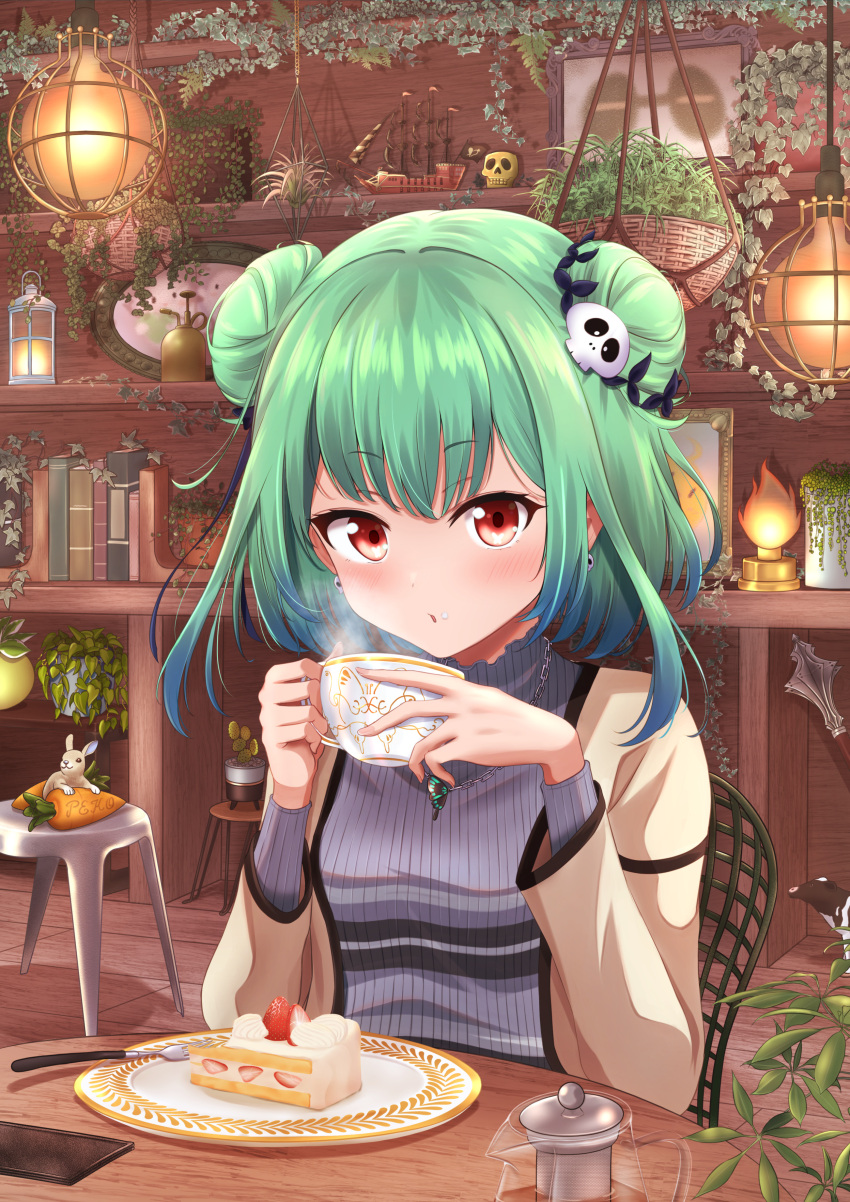 absurdres alternate_costume blowing_on_food blue_hair blue_ribbon blush brown_cardigan butterfly_necklace cake cake_slice cardigan cup double_bun earrings female food gradient_hair green_hair hair_bun hair_ribbon highres holding holding_cup hololive jewelry kaigan long_sleeves looking_at_viewer medium_hair mixed-language_commentary multicolored_hair necklace pov_across_table red_eyes ribbon sidelocks sitting skull_earrings solo teacup uruha_rushia virtual_youtuber