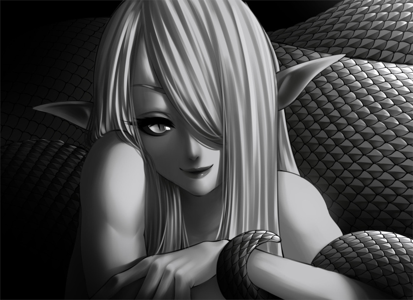 apophis_(monster_girl_encyclopedia) black_sclera closed_mouth colored_sclera commentary completely_nude female greyscale hair_over_one_eye highres lamia loen looking_at_viewer monochrome monster_girl monster_girl_encyclopedia nude one_eye_covered pointy_ears slit_pupils smile solo