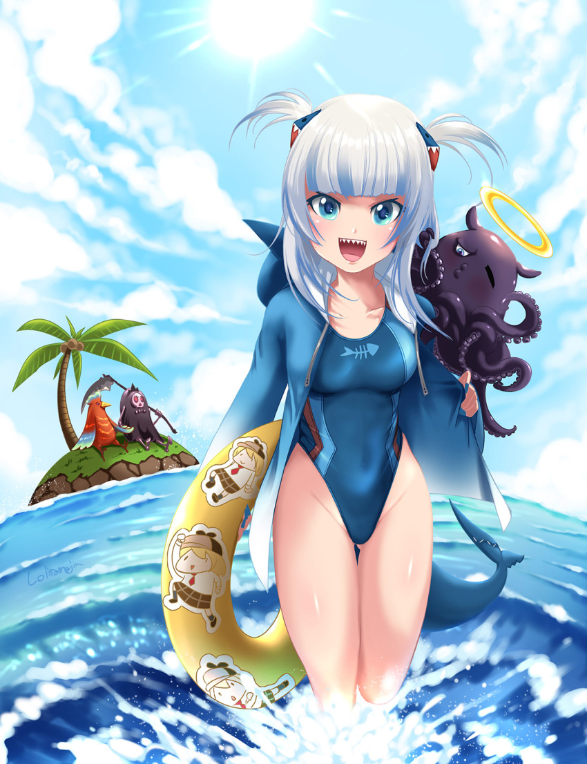 alternate_breast_size animalization bloop_(gawr_gura) blue_eyes blue_one-piece_swimsuit blue_sky blunt_bangs character_name cloud commentary competition_swimsuit cowboy_shot day female fins fish_tail gawr_gura grey_hair groin highleg highleg_swimsuit highres hololive hololive_english island lolita_majin medium_hair mori_calliope multicolored_hair ninomae_ina'nis ocean one-piece_swimsuit outdoors parody shark_girl shark_tail sharp_teeth sky smol_ame standing streaked_hair style_parody swimsuit tail takanashi_kiara takanashi_kiara_(phoenix) teeth two_side_up virtual_youtuber wading walfie_(style) water watson_amelia