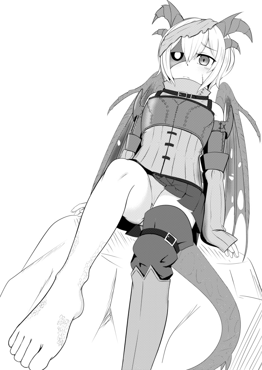 absurdres barefoot boots borrowed_design closed_mouth dragon_girl dragon_horns dragon_wings durnehviir embarrassed feet female foot_out_of_frame genderswap_(mtf) greyscale hair_between_eyes highres horns legs long_sleeves looking_at_viewer monochrome monster_girl panties pantyshot personification pleated_skirt rule_63 scales scar short_hair simple_background single_boot sitting skirt solo the_elder_scrolls the_elder_scrolls_v:_skyrim toes undead underwear wings zenrakishi zombie