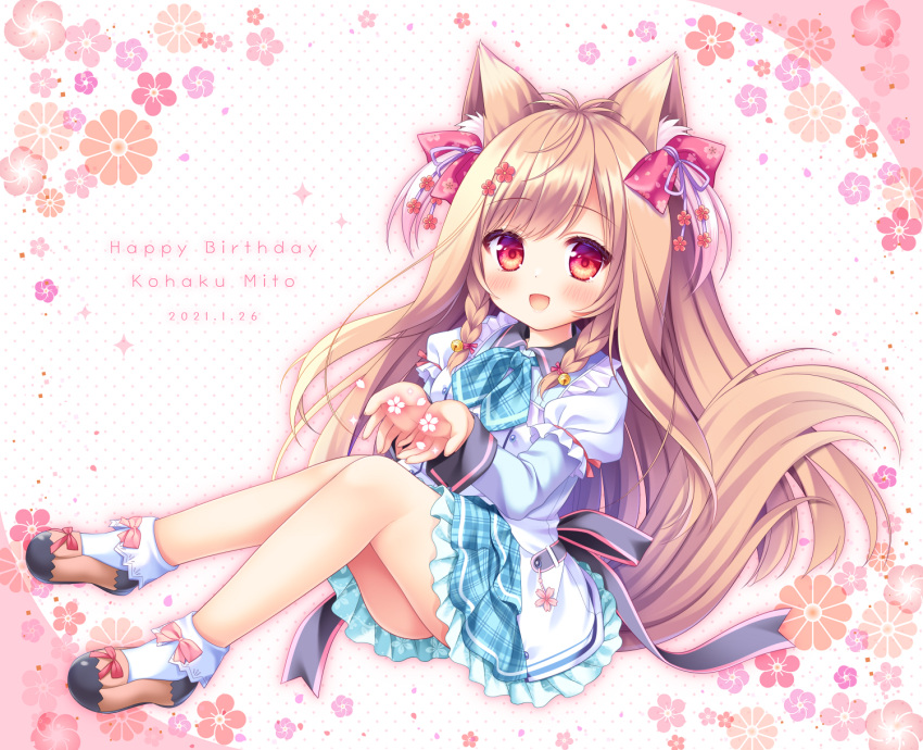 :d animal_ear_fluff animal_ears bell blue_neckwear blue_skirt blush bobby_socks braid breasts brown_footwear brown_hair character_name collared_dress commentary_request dated dress female floral_background full_body hair_bell hair_ornament hands_up happy_birthday highres jingle_bell layered_sleeves long_hair long_sleeves looking_at_viewer mito_kohaku open_mouth plaid plaid_neckwear plaid_skirt puffy_short_sleeves puffy_sleeves red_eyes ryuuka_sane shoes short_over_long_sleeves short_sleeves skirt small_breasts smile socks solo tail tayutama_2 twin_braids very_long_hair white_dress white_socks