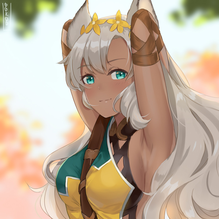 animal_ears aqua_eyes armpits arms_up between_breasts breasts dark_skin erune female flower granblue_fantasy grey_hair hair_flower hair_ornament highres kaorin_m long_hair medium_breasts nemone solo strap_between_breasts