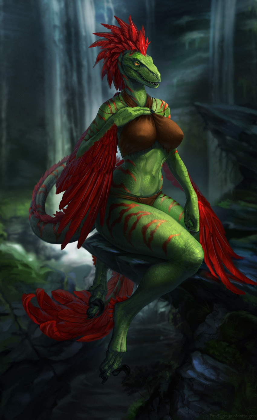 2022 absurd_res anthro breasts claws clothed clothing day detailed_background digital_media_(artwork) dinosaur dromaeosaurid extinct feathers feet female fingers hi_res outside prehistoric_species red_body red_feathers reptile scalie silgiriya_mantsugosi smile solo theropod toes uthalla