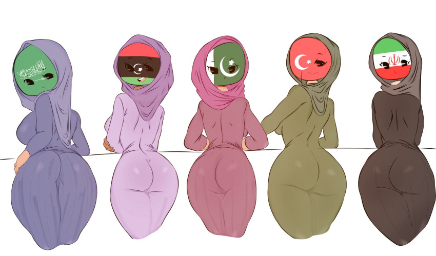 5girls back_view big_ass countryhumans countryhumans_girl flag flawsy fully_clothed headscarf hijab iran_(countryhumans) iran_(persia) iranian/persian_flag libya libya_(countryhumans) libyan_flag middle_east muslim muslim_female pakistan pakistan_(countryhumans) pakistani_flag personification repost safe saudi_arabia saudi_arabia_(countryhumans) saudi_arabian_flag sfw turkey_(countryhumans)