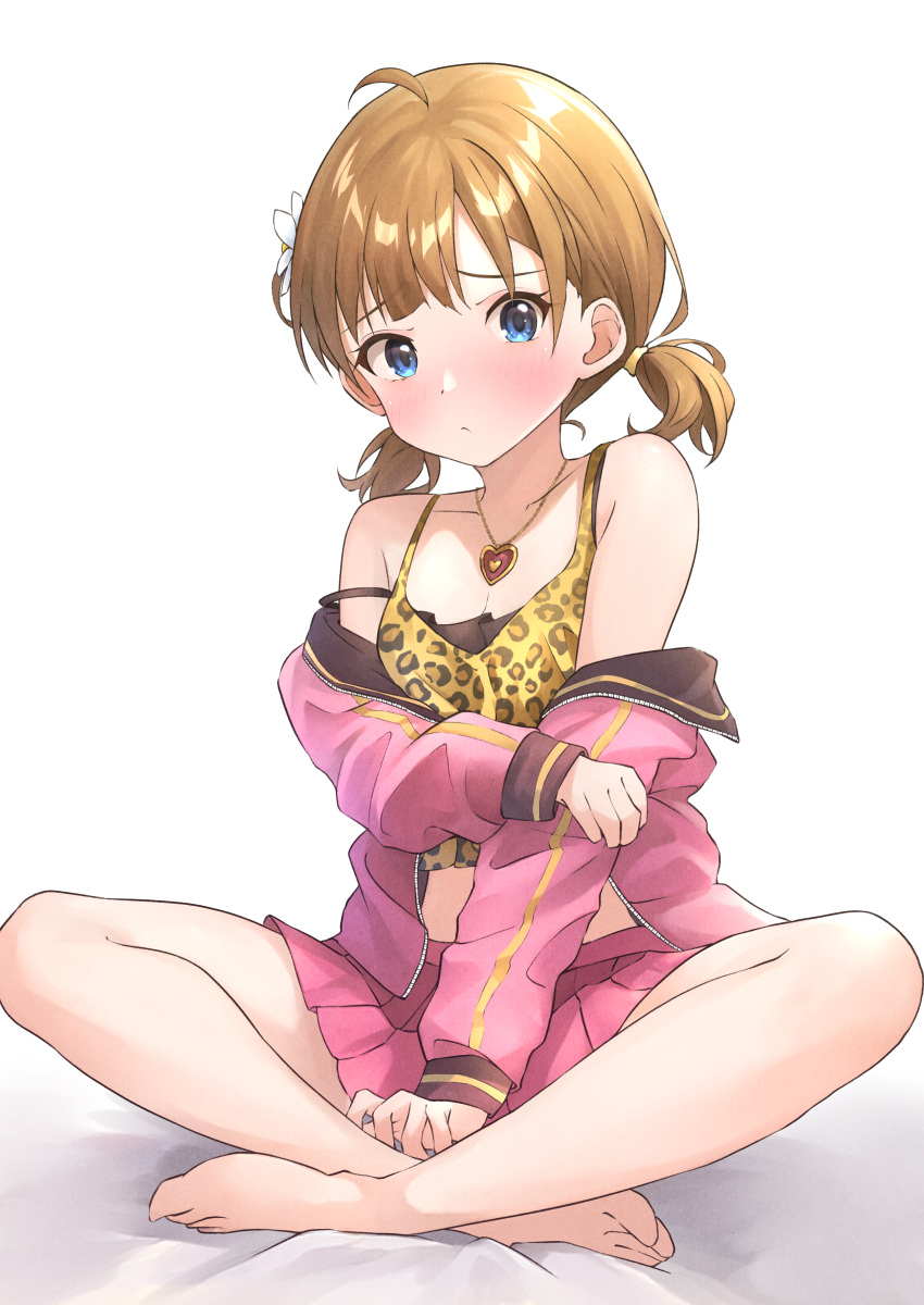 absurdres ahoge animal_print b1ack_illust bare_legs bare_shoulders barefoot blue_eyes blush breasts brown_hair commentary commission cosplay female highres idolmaster idolmaster_million_live! indian_style jacket jacket_partially_removed leopard_print looking_at_viewer matoba_risa matoba_risa_(cosplay) midriff miniskirt pink_jacket pink_skirt pixiv_commission pleated_skirt print_camisole short_twintails simple_background sitting skirt small_breasts solo suou_momoko toes twintails white_background