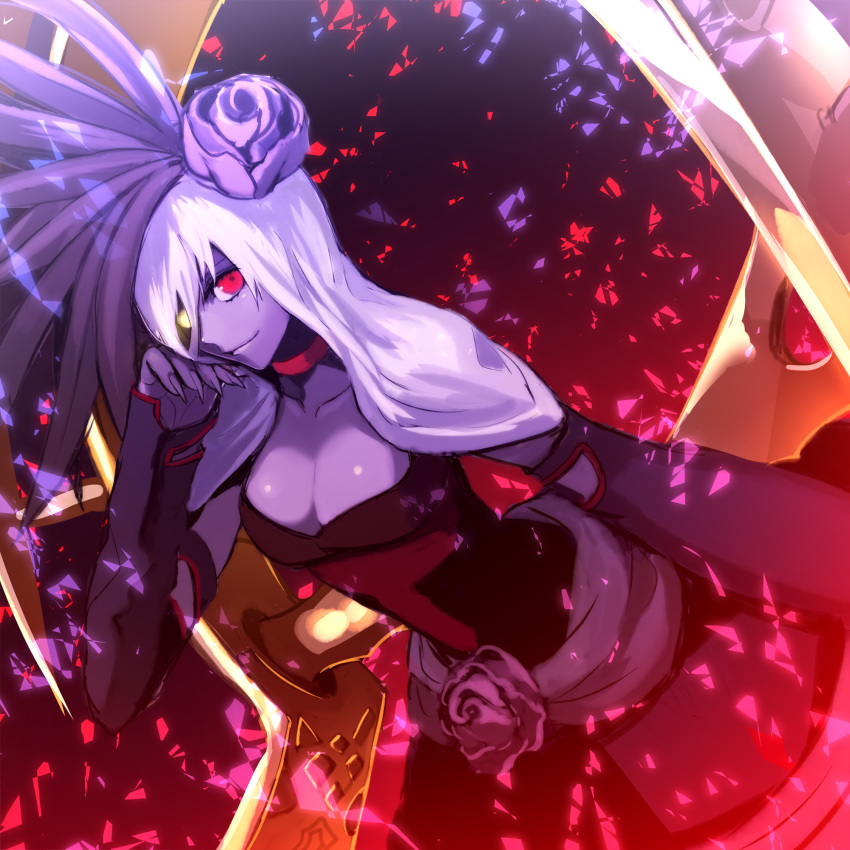 beatrice_(wild_arms) breasts cleavage closed_mouth colored_skin commission dress female fingernails flower glowing glowing_eye hair_flower hair_ornament highres hinomoto_madoka long_hair looking_at_viewer purple_hair purple_skin red_eyes sharp_fingernails skeb_commission smile solo wild_arms wild_arms_3