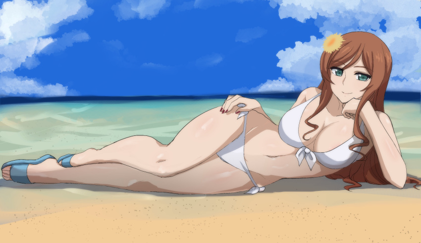 absurdres beach bikini blue_sky breasts brown_hair cleavage cloud day female flower front-tie_bikini_top front-tie_top green_eyes gundam gundam_build_fighters gundam_build_fighters_try hair_flower hair_ornament hand_on_own_chin highres horizon jeminiremu kamiki_mirai large_breasts legs long_hair lying ocean on_side outdoors sandals side-tie_bikini_bottom sky solo swimsuit toes white_bikini