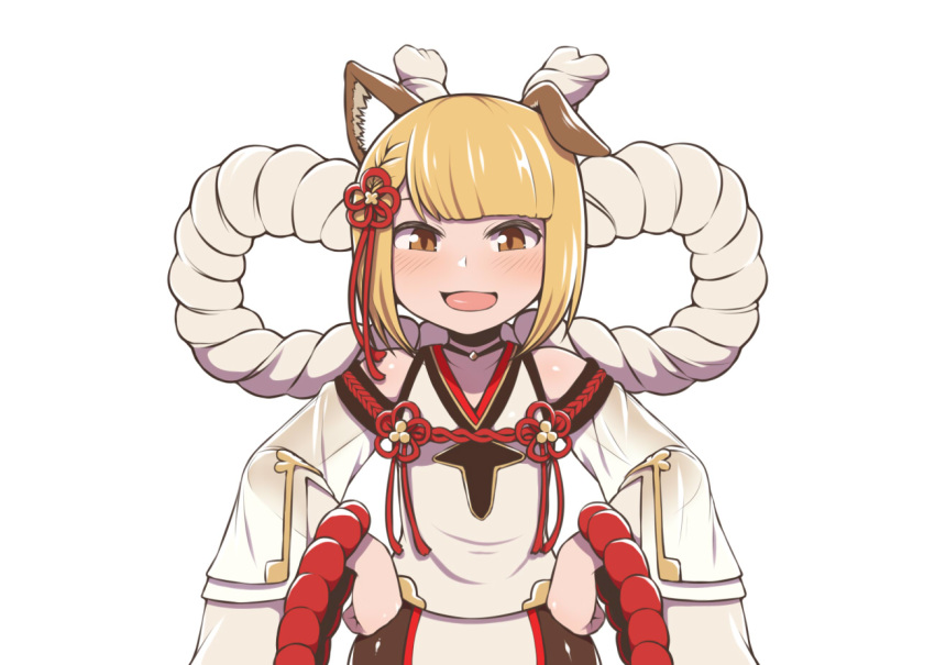 :3 :d animal_ear_fluff animal_ears blunt_bangs blush brown_eyes commentary_request detached_sleeves ear_down erune female granblue_fantasy hands_on_own_hips long_sleeves looking_at_viewer open_mouth rantana_(lalalalackluster) red_ribbon ribbon short_hair simple_background smile solo vajra_(granblue_fantasy) white_background wide_sleeves