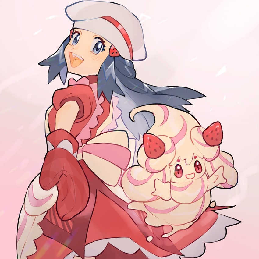 :d alcremie alcremie_(strawberry_sweet) bad_id bad_twitter_id blush commentary_request dawn_(palentine's_2021)_(pokemon) dawn_(pokemon) dress eyelashes female floating_hair grey_eyes grey_hair grey_headwear hat long_hair looking_at_viewer looking_back mittens official_alternate_costume open_mouth pokemon pokemon_(creature) pokemon_masters_ex rata_(m40929) red_dress red_mittens smile teeth tongue