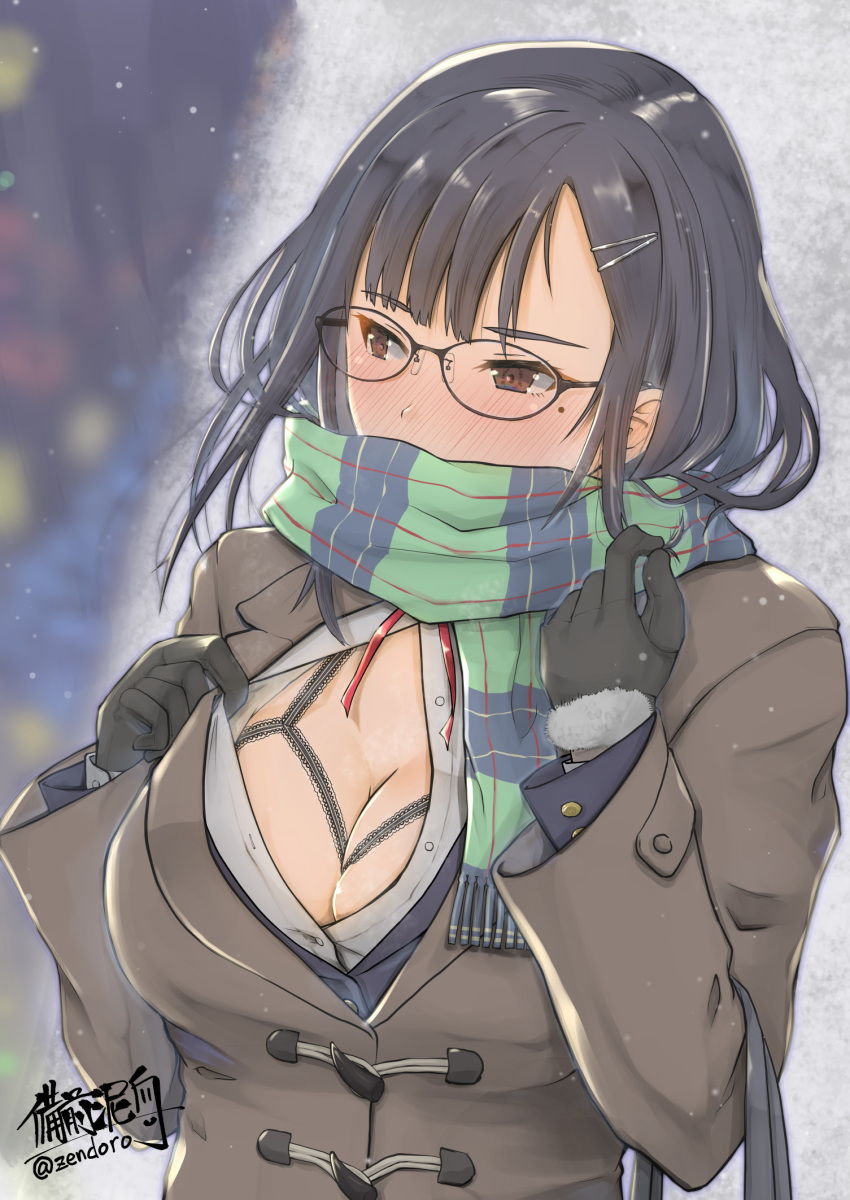 bizen_dorobune black-framed_eyewear black_bra black_gloves black_hair blush bra breasts brown_eyes cleavage coat duffel_coat enpera female fur-trimmed_gloves fur_trim glasses gloves hair_ornament hairclip highres long_hair looking_away mole mole_under_eye original scarf signature solo toggles twitter_username unbuttoned underwear upper_body