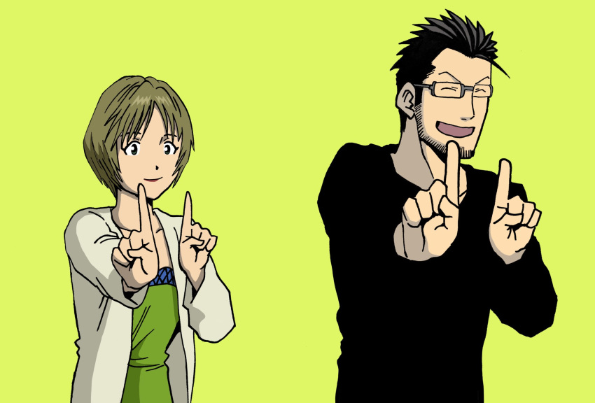 1boy :d ^_^ beard beige_cardigan black_hair black_shirt brown_hair cardigan closed_eyes closed_mouth collarbone commentary_request couple dancing dot_nose eyelashes facial_hair female fullmetal_alchemist glasses gracia_hughes green_background green_eyes grey-framed_eyewear grey_shirt hands_up happy height_difference highres husband_and_wife index_finger_raised koi_dance laughing lee_(dragon_garou) lipstick long_sleeves looking_away maes_hughes makeup open_cardigan open_clothes open_mouth outstretched_hand red_lips semi-rimless_eyewear shirt short_hair side-by-side simple_background smile standing straight strapless strapless_shirt upper_body v-shaped_eyebrows very_short_hair