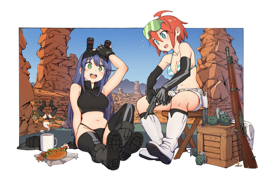 3girls ahoge arm_up bad_id bad_pixiv_id bare_shoulders belt black_footwear black_gloves black_hair black_legwear blue_eyes boots bra breasts cleavage collarbone commentary crate cup elbow_gloves english_commentary explosive fingerless_gloves gloves goggles green_eyes grenade gun hair_between_eyes handgun highres holding holster hot_dog kneehighs knife kr_ohoshisama long_hair magazine_(weapon) mug multiple_girls muzzle_(trigger) navel night_vision_device red_hair rifle rifle_cartridge shoe_soles short_hair shorts sidelocks sitting sky sleeveless socks spring_(trigger) steam stool striped_bra striped_clothes sweat thighhighs trigger-chan trigger_(company) underwear weapon white_footwear