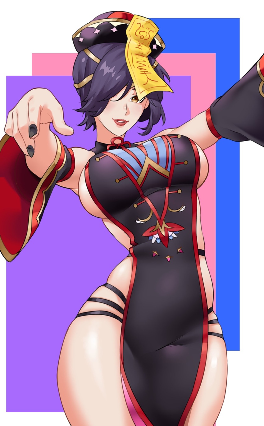 alternate_costume arms_up black_nails breasts commission female fire_emblem fire_emblem_heroes hair_over_one_eye halloween halloween_costume highres igni_tion jiangshi kiran_(female)_(fire_emblem) kiran_(fire_emblem) large_breasts lipstick makeup nail_polish purple_hair short_hair sideboob solo