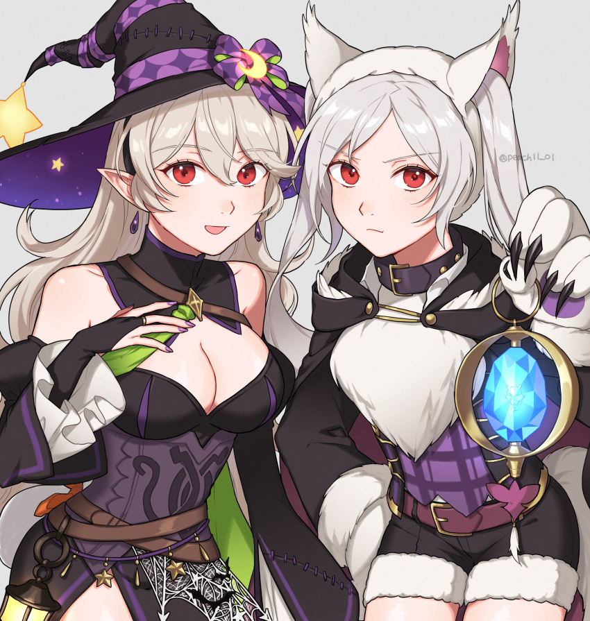 2girls absurdres animal_hands breasts cleavage corrin_(female)_(fire_emblem) corrin_(female)_(halloween)_(fire_emblem) corrin_(fire_emblem) dress fire_emblem fire_emblem_awakening fire_emblem_fates fire_emblem_heroes fur_trim gloves grey_hair hairband halloween halloween_costume hat highres multiple_girls official_alternate_costume paw_gloves peach11_01 pointy_ears red_eyes robin_(female)_(fire_emblem) robin_(female)_(halloween)_(fire_emblem) robin_(fire_emblem) short_shorts shorts smile twintails werewolf_costume witch witch_hat wolf_girl