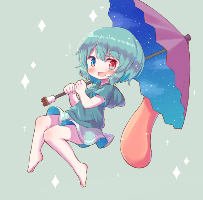 :d arinu barefoot blue_background blue_eyes blue_hair blue_skirt commentary female full_body heterochromia holding holding_umbrella karakasa_obake looking_at_viewer open_mouth purple_umbrella red_eyes short_hair short_sleeves skirt smile solo tatara_kogasa touhou umbrella