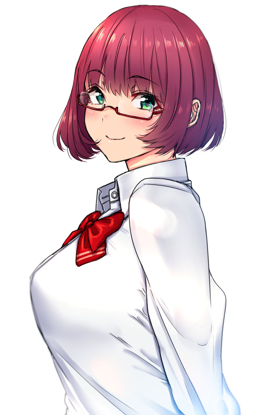 absurdres amatani_mutsu arms_behind_back bob_cut bouhatei_(t-back) bow bowtie brown_hair closed_mouth commentary_request female glasses green_eyes highres looking_at_viewer looking_back red-framed_eyewear red_bow red_bowtie school_uniform shirt simple_background smile solo sounan_desuka? upper_body white_background white_shirt