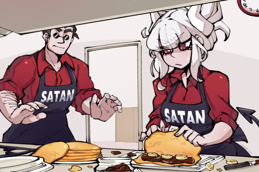 1boy :i apron arm_hair bad_id bad_twitter_id banana banana_slice black_apron black_hair black_tail chocolate clock clothes_writing cooking crepe cutting_board demon_girl demon_horns demon_tail female food fruit hair_up helltaker helltaker_(character) highres horns kitchen looking_down lucifer_(helltaker) mole mole_under_eye muscular open_hands open_mouth pince-nez plate red_eyes red_shirt saane shirt sidelocks sleeves_rolled_up sunglasses sweatdrop table tail wall_clock white_hair white_horns