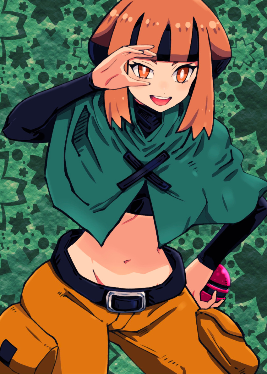 :d batchgooya belt black_belt black_hair black_shirt blunt_bangs brown_eyes brown_hair brown_shorts capelet cherish_ball commentary cowboy_shot crop_top cropped_shirt eyebrows_hidden_by_hair female floral_background gardenia_(pokemon) green_background green_capelet groin hand_on_own_hip hand_over_eye hand_up highres holding holding_poke_ball leaning_forward long_sleeves looking_at_viewer midriff multicolored_hair navel open_mouth poke_ball pokemon pokemon_dppt shirt short_hair short_hair_with_long_locks shorts sidelocks smile solo standing teeth two-tone_hair uneven_eyes upper_teeth_only