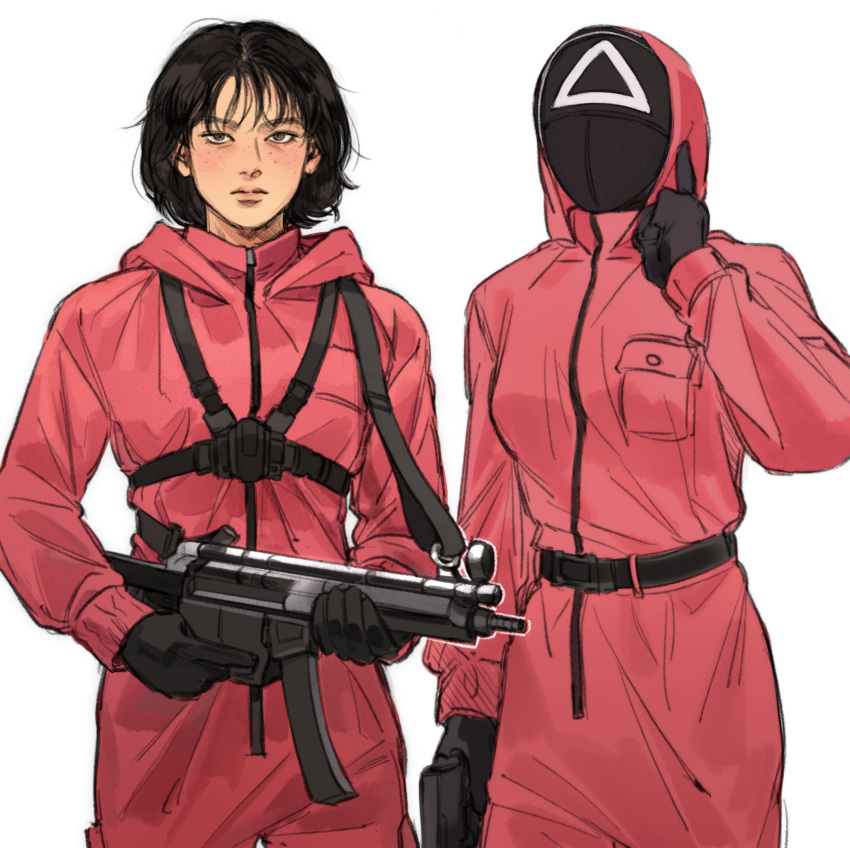 2girls belt black_gloves black_mask closed_mouth commentary english_commentary freckles gloves gun h&k_mp5 highres holding holding_gun holding_weapon index_finger_raised jumpsuit kang_sae-byeok long_sleeves looking_at_viewer mask medium_hair multiple_girls pink_jumpsuit simple_background soldier_(squid_game) sonagee squid_game submachine_gun trigger_discipline weapon white_background