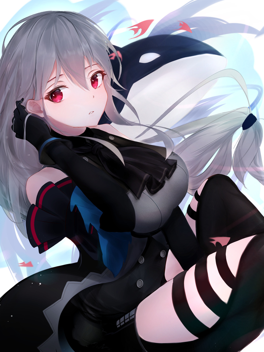 arknights ascot bare_shoulders black_ascot black_gloves black_pants breasts clothing_cutout commentary_request detached_sleeves elbow_gloves feet_out_of_frame female gloves grey_hair highres large_breasts long_hair long_sleeves looking_at_viewer low-tied_long_hair low_ponytail orca pants parted_lips red_eyes roki@ sitting skadi_(arknights) skadi_(elite_ii)_(arknights) solo thigh_cutout very_long_hair