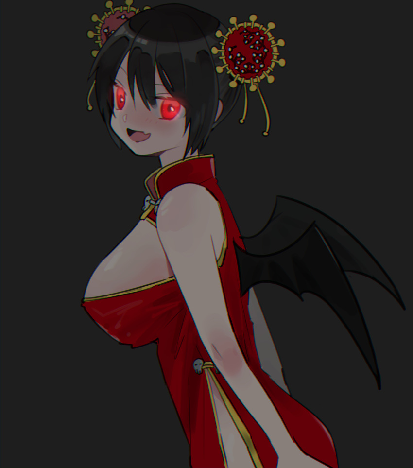 :d bare_arms bare_shoulders bat_wings black_hair black_wings breasts china_dress chinese_clothes chromatic_aberration corona-chan coronavirus dress female from_side glowing glowing_eyes grey_background hair_between_eyes hair_ornament highres large_breasts looking_at_viewer mini_wings oerba_yun_fang open_mouth original p_p_p99 red_dress red_eyes short_hair skull sleeveless sleeveless_dress smile solo virus wings