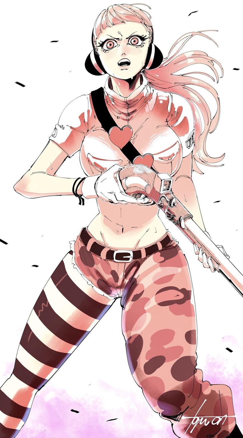 asymmetrical_clothes belt blunt_bangs blush breast_pocket breasts camouflage camouflage_pants crop_top cropped_shirt earmuffs eyelashes feet_out_of_frame female floating_hair gloves groin gun hibari_(one_piece) highres holding holding_gun holding_weapon large_breasts legs_apart long_hair looking_at_viewer midriff monochrome navel one_piece open_mouth pants pantyhose pocket rifle shirt short_sleeves signature single_pantsleg solo standing stomach sweat taoru_(taoru0239) toned toned_female torn_clothes torn_pants v-shaped_eyebrows weapon wind