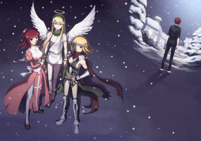 1boy 1other 2girls angel armor assassin_cross_(ragnarok_online) bad_id bad_pixiv_id barefoot black_cape black_footwear black_gloves black_leotard black_pants black_shirt black_thighhighs blonde_hair blue_eyes boots bow breasts brown_eyes building cape closed_mouth comiket_83 cover cover_page cross dame_of_sentinel doujin_cover dress elbow_gloves expressionless feathered_wings full_body garter_straps gloves green_hairband green_scarf hairband halo high_heel_boots high_heels high_priest_(ragnarok_online) holding juliet_sleeves kneehighs leotard long_hair long_sleeves looking_at_viewer medium_breasts multiple_girls natsuya_(kuttuki) navel pants pauldrons puffy_sleeves ragnarok_online red_dress red_hair red_scarf revealing_clothes sash scarf shirt shoes short_hair short_sleeves shoulder_armor smile snow snowing socks thighhighs toga torn_cape torn_clothes torn_scarf two-tone_dress vambraces very_long_hair waist_cape white_bow white_dress white_legwear white_sash white_wings wings