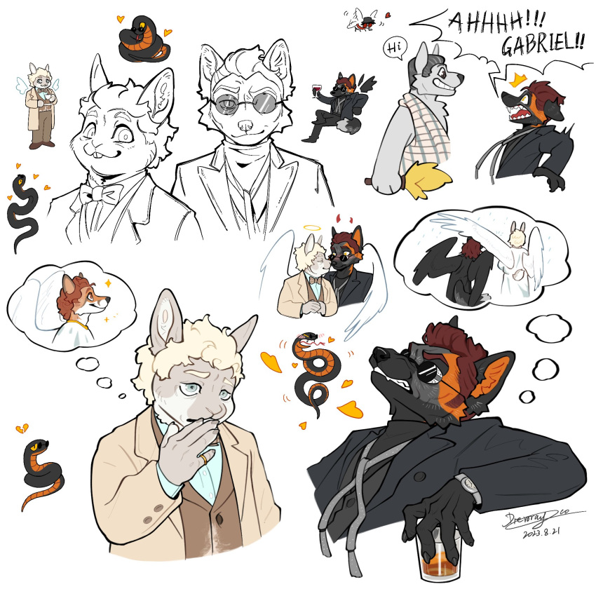 1:1 alternate_species angel anthro aziraphale canid canine canis crowley_(good_omens) demon derckrey english_text feral fox furrification good_omens heart_symbol hi_res lagomorph leporid male mammal rabbit reptile scalie signature snake text wolf