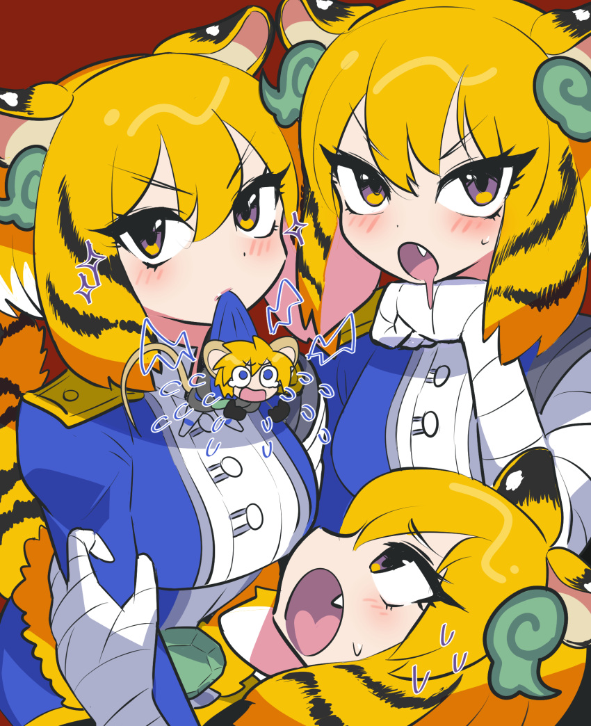 4girls animal_ears animal_print bandages blush breasts buttons commentary_request duel_monster hair_ornament hand_up highres looking_at_another looking_at_viewer mouse_girl multiple_girls orange_eyes orange_hair striped_hair tiger_girl tiger_print wadatsumi_(sense11531153) yu-gi-oh! zoodiac_ratpier zoodiac_tigermortar