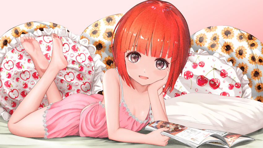 absurdres akai_ringo_(ookami-san) apple_print babydoll bare_legs barefoot brown_eyes cherry_print commentary_request commission crossed_ankles feet feet_up female flat_chest floral_print food_print frilled_pillow frills full_body gibun_(sozoshu) hand_on_own_cheek hand_on_own_face highres looking_at_viewer lying md5_mismatch on_bed on_stomach ookami-san open_magazine open_mouth pillow pink_babydoll pink_shorts pixiv_commission print_pillow red_hair resolution_mismatch short_hair shorts smile soles solo source_larger sunflower_print tareme the_pose