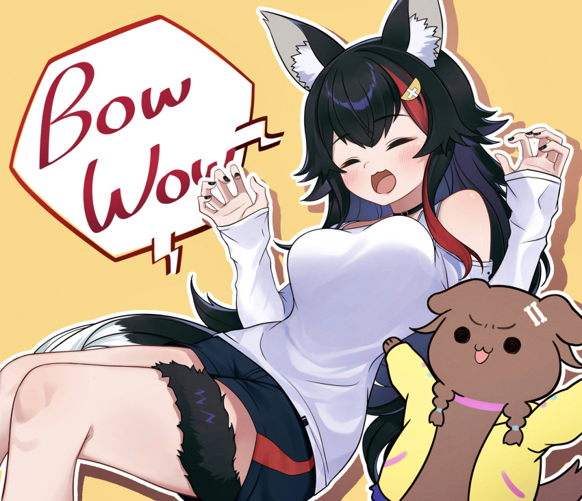 animal_ear_fluff animal_ears black_choker black_hair black_nails black_shorts bone_hair_ornament breasts canine choker closed_eyes female hair_ornament highres hiroikara_(smhong04) hololive inugami_korone inugami_korone_(dog) jacket large_breasts ookami_mio ookami_mio_(casual) open_mouth red_hair shadow shirt shorts sleeves_past_wrists speech_bubble tail tail_around_own_leg virtual_youtuber white_shirt wolf_ears wolf_girl wolf_tail yellow_background yellow_jacket