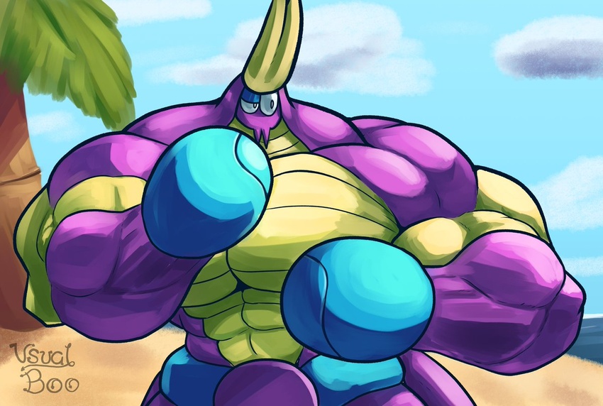 2021 abs antennae_(anatomy) anthro arthropod beach biceps big_muscles big_pecs blue_background blue_body blue_skin boxing_gloves clothing cloud colored crab crabrawler crustacean decapoda digital_drawing_(artwork) digital_media_(artwork) english_text generation_7_pokemon handwear horn huge_muscles hyper hyper_muscles malacostracan male marine muscular muscular_anthro muscular_male nintendo palm_tree pecs plant pokemon pokemon_(species) purple_body purple_skin seaside shaded signature simple_background solo tan_background text tree unusualboo54 yellow_body yellow_skin