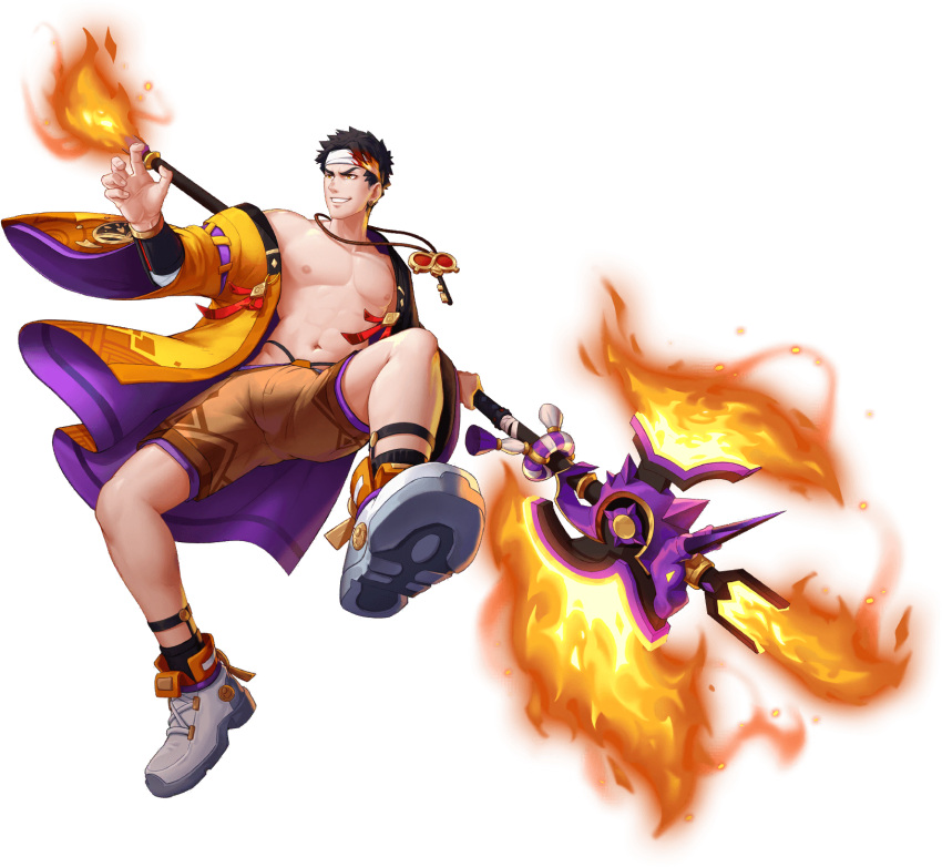 1boy abs alternate_costume artist_request bad_source bara bare_pectorals black_hair fighting_stance fire full_body gauntlets gyee halberd headband highres japanese_clothes jewelry key kimono looking_at_another male_focus male_underwear manly muscular muscular_male necklace nipples official_art pectorals polearm shoes shorts smile socks solo spiked_hair sven_(gyee) teeth transparent_background underwear weapon