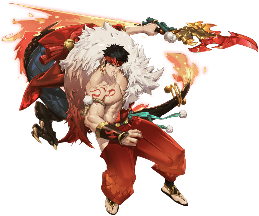 1boy abs alternate_costume arm_tattoo armband bad_source bara bell belt black_hair dragon dragon_claw dragon_tail ear_piercing earrings fire full_body gauntlets gyee hakama headband highres japanese_clothes jewelry looking_to_the_side male_focus manly muscular muscular_male nipples official_art pants pectorals piercing polearm sandals sideburns slit_pupils solo spear spiked_hair stud_earrings sven_(gyee) tail tattoo teeth tooboshoo topless_male transparent_background weapon yellow_eyes