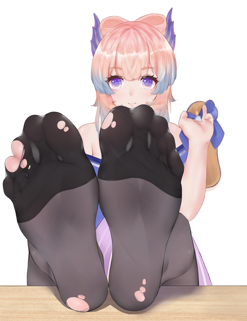 black_pantyhose blue_eyes blue_horns blunt_bangs bow-shaped_hair chinese_commentary commentary_request feet feet_on_table feet_up female foot_focus genshin_impact gradient_hair hand_up highres holding holding_shoes horns looking_at_viewer multicolored_hair no_shoes pantyhose pink_hair purple_eyes sandals sangonomiya_kokomi shoes simple_background sitting smile soles solo thick_eyebrows toes torn_clothes torn_pantyhose two-tone_hair unworn_shoes wd_(1106592840) white_background