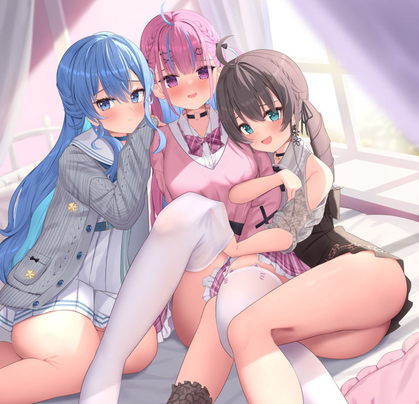 3girls ahoge ass black_choker blue_eyes blue_hair blush braid breasts brown_hair brown_skirt cardigan cat_hair_ornament choker clothing_cutout dress_shirt earrings frilled_skirt frills green_eyes grey_cardigan grey_shirt hair_between_eyes hair_ornament high-waist_skirt highres hololive hoshimachi_suisei hoshimachi_suisei_(school_uniform) indoors jewelry leaning_on_person locked_arms long_hair looking_at_viewer medium_breasts minato_aqua minato_aqua_(school_uniform) multiple_girls natsuiro_matsuri natsuiro_matsuri_(casual) official_alternate_costume on_bed open_mouth pink_skirt pink_sweater plaid plaid_skirt pleated_skirt purple_eyes purple_hair ringlets sailor_collar saki_(saki_paint) shirt shoulder_cutout sitting skirt smile sweater thighhighs thighs very_long_hair virtual_youtuber white_shirt white_skirt white_thighhighs wing_collar x_hair_ornament yokozuwari