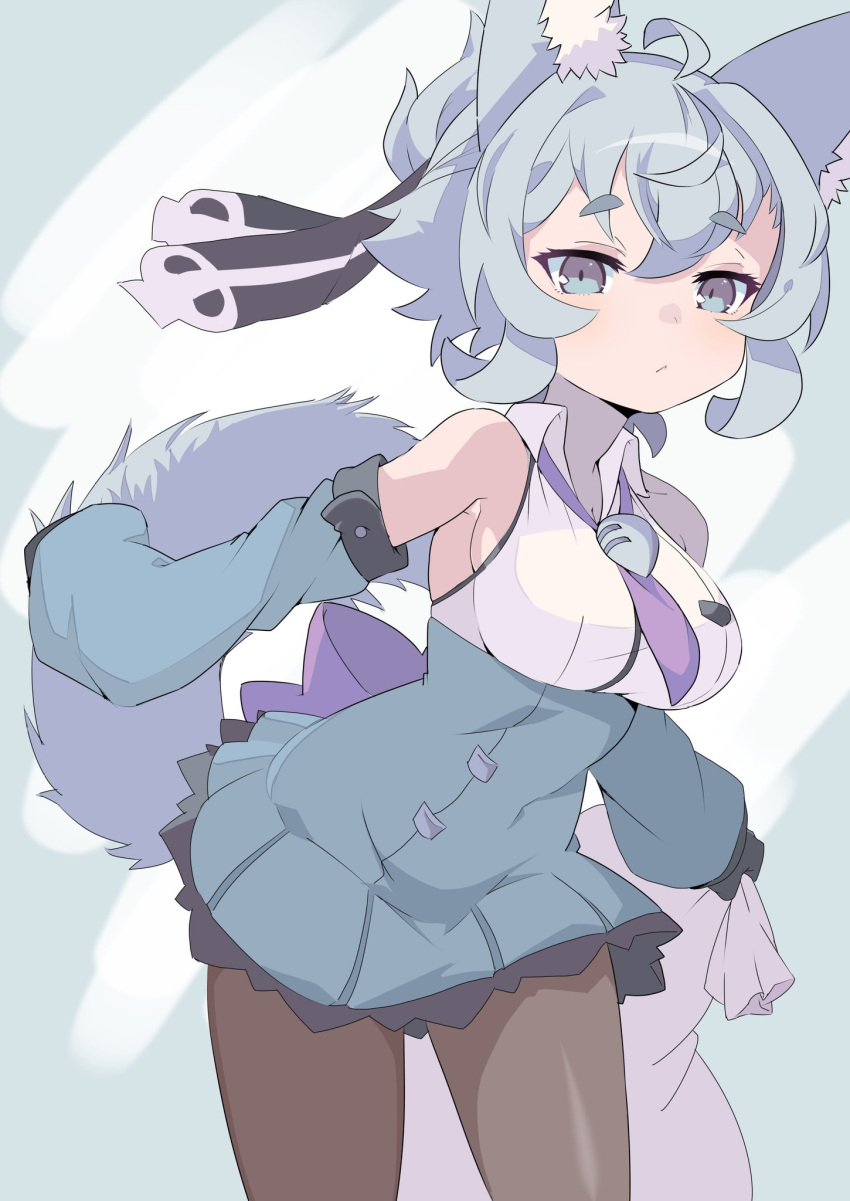 animal_ears black_gloves blue_skirt breasts brown_pantyhose closed_mouth detached_sleeves female fox_ears fox_tail gloves grey_eyes grey_hair high-waist_skirt highres holding holding_sack inukaze_yamu large_breasts long_sleeves looking_at_viewer necktie original pantyhose purple_necktie sack shishimanako_hareko short_necktie skirt solo standing tail