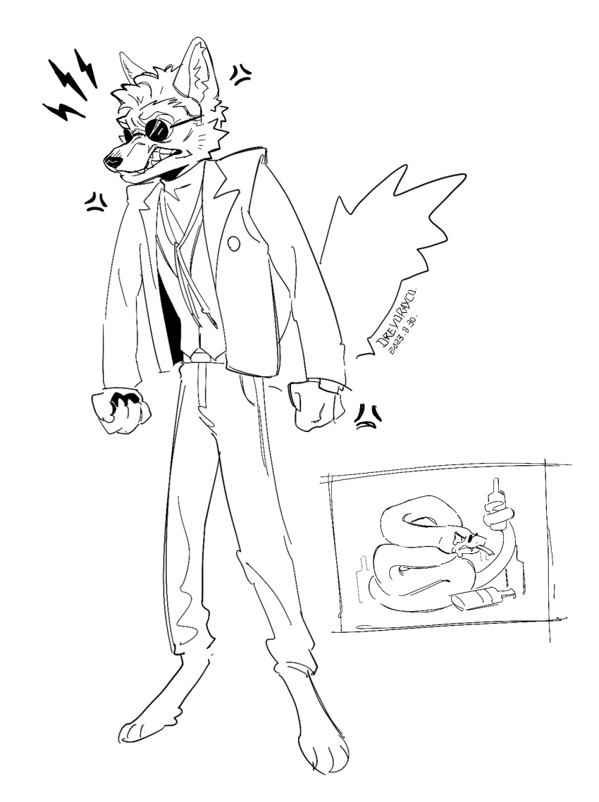 alternate_species angry anthro bodily_fluids bottle canid canine clenched_teeth container crowley_(good_omens) derckrey digitigrade english_text eyewear feral fox furrification good_omens hi_res male mammal monochrome reptile scalie signature snake sunglasses tears teeth text