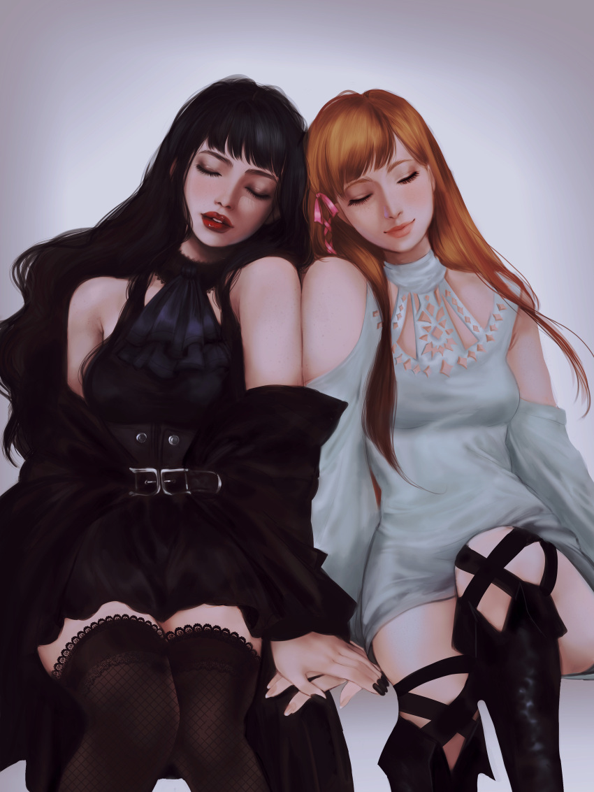 2girls absurdres black_dress black_hair black_legwear black_nails brown_hair closed_eyes detached_sleeves dress final_fantasy final_fantasy_xiv gaia_(ff14) hair_ribbon hand_on_another's_hand highres leaning_on_person lipstick long_hair makeup multiple_girls nail_polish parted_lips raviollies ribbon ryne sitting smile thighhighs