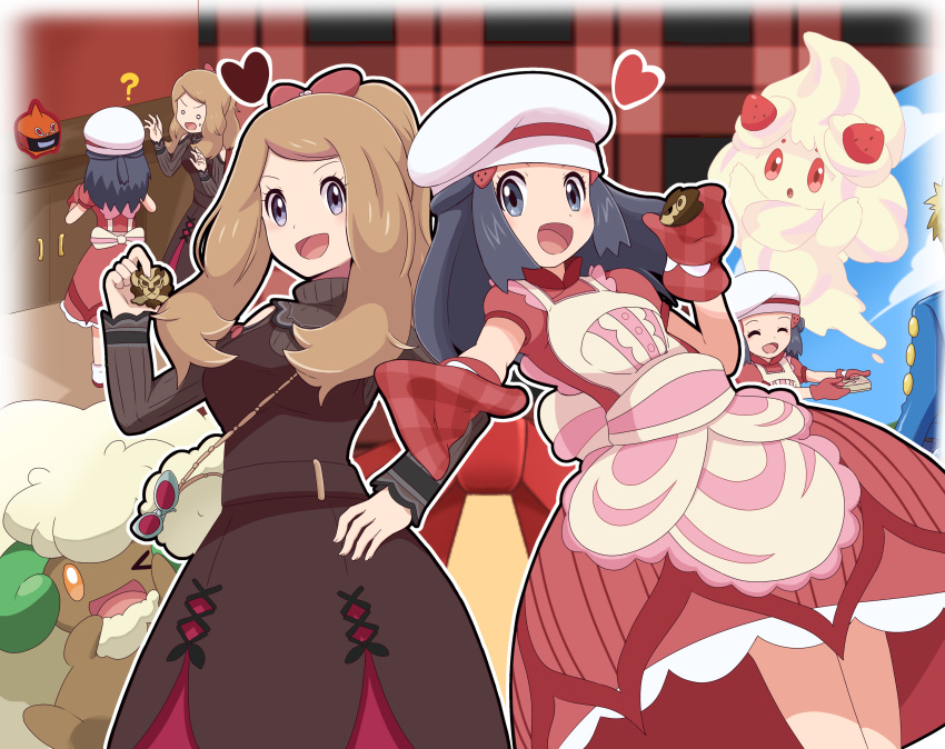 1boy 2girls :d ? absurdres alcremie alcremie_(strawberry_sweet) apron bad_id bad_pixiv_id black_hair blush bow brown_hair buttons commentary_request cupboard dawn_(palentine's_2021)_(pokemon) dawn_(pokemon) dress eyelashes grey_eyes hairbow hand_on_own_hip hand_up hat heart highres holding long_hair mittens multiple_girls o_o official_alternate_costume open_mouth outline pokemon pokemon_(creature) pokemon_dppt pokemon_masters_ex red_bow red_dress red_mittens rotom rotom_(heat) saon101 serena_(palentine's_2021)_(pokemon) serena_(pokemon) smile standing sunglasses tongue volkner_(pokemon) whimsicott white_headwear