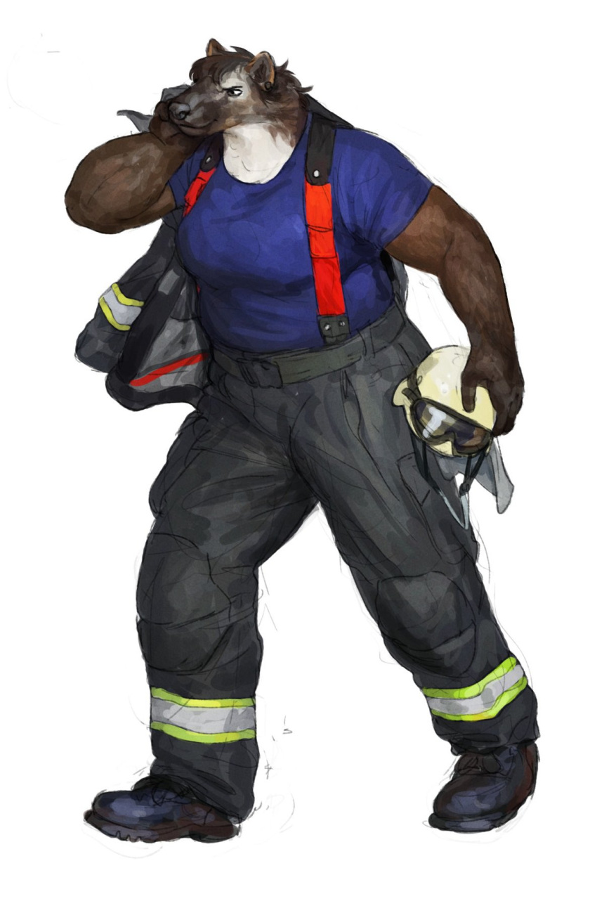 2022 anthro armor bottomwear brown_body brown_fur brown_hair cettus clothed clothing dressing ear_piercing eyewear female firefighter footwear fur goggles gulonine hair headgear helmet hi_res hilde_albrecht holding_armor holding_headgear holding_helmet holding_object jacket mammal mustelid musteline pants piercing shirt shoes simple_background solo stocky suspenders topwear walking white_background white_body white_fur wolverine