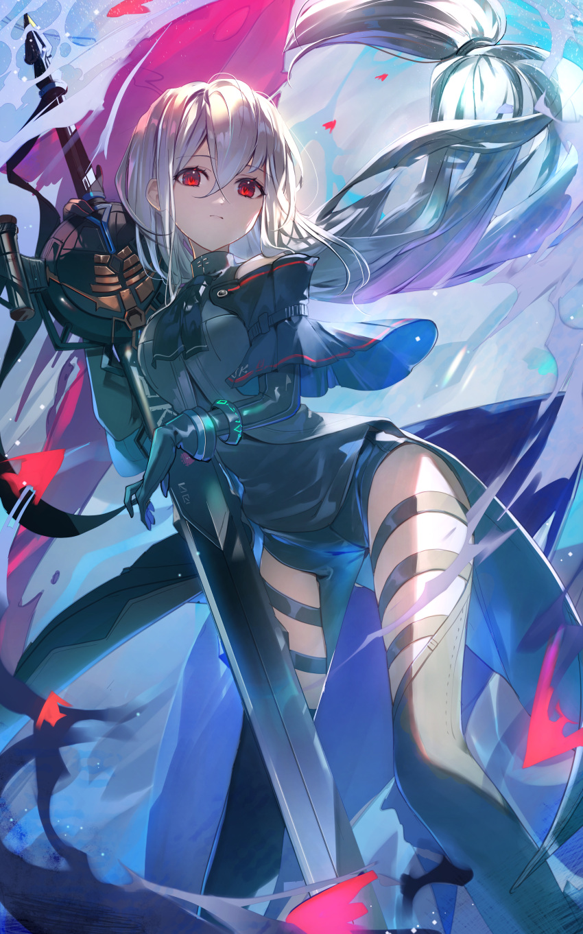 absurdres arknights ascot black_ascot black_gloves black_pants black_shirt closed_mouth clothing_cutout commentary female floating_hair gloves grey_hair hair_between_eyes highres holding holding_sword holding_weapon kamatoyu long_hair long_sleeves looking_at_viewer pants red_eyes shirt shoulder_cutout skadi_(arknights) skadi_(elite_ii)_(arknights) solo sword thigh_cutout very_long_hair weapon