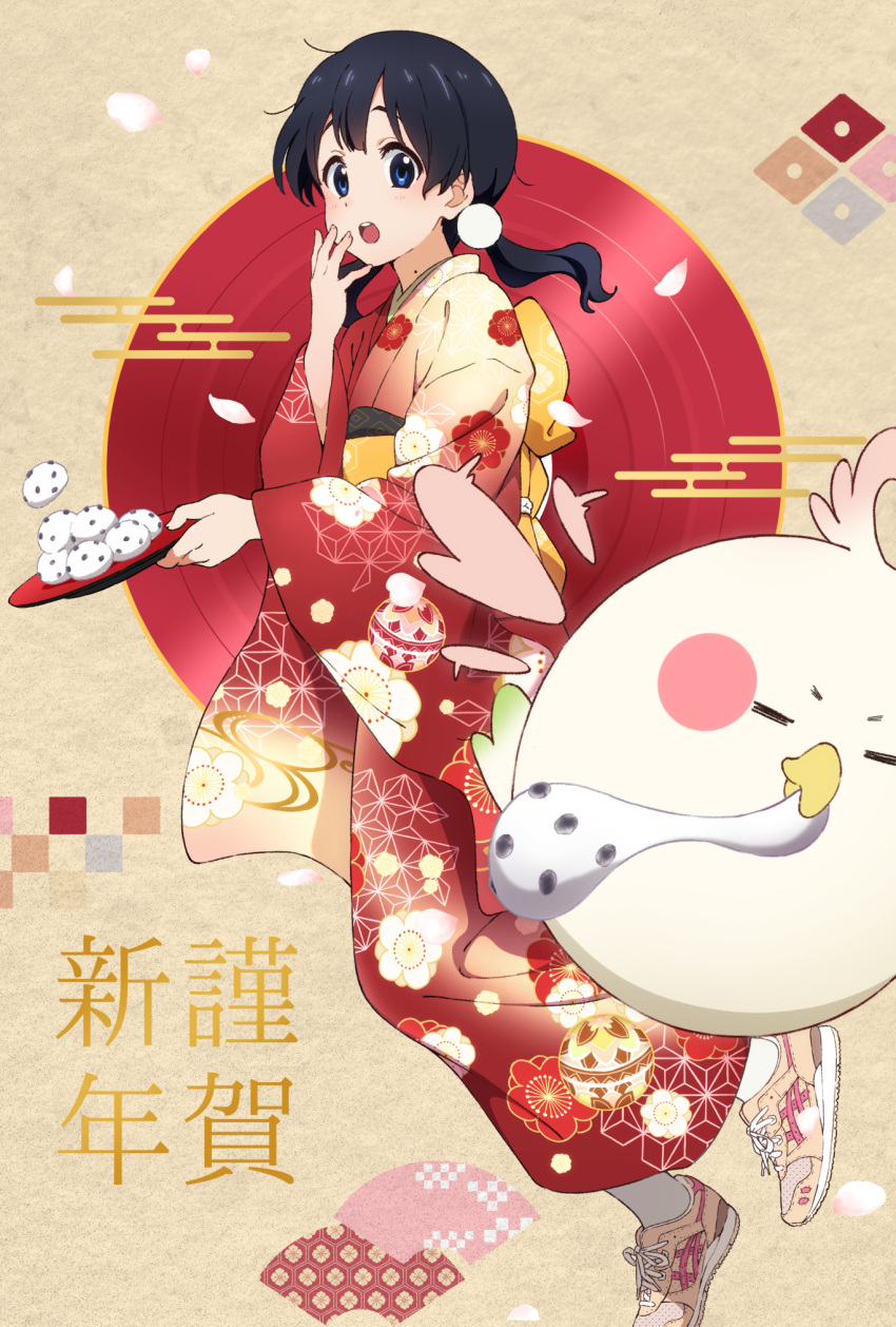 :o animal bird black_hair blue_eyes blush dera_mochimazzui eating female floral_print food food-themed_hair_ornament food_in_mouth hair_ornament hand_on_own_face happy_new_year highres holding holding_tray japanese_clothes kimono kitashirakawa_tamako long_hair looking_at_viewer mochi mole mole_on_neck new_year obi open_mouth sash shoes sneakers tamako_market tesseract_(retr0_0o) tray twintails