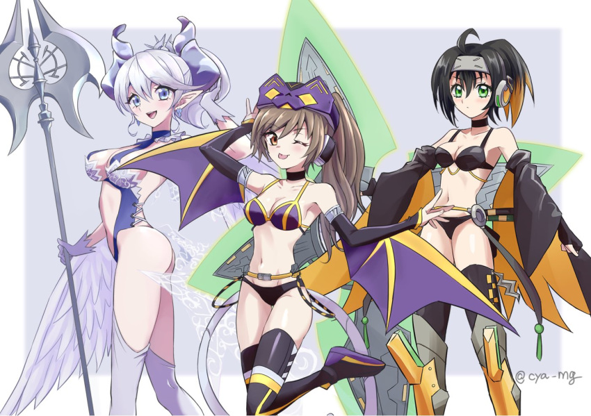 3girls adapted_costume alternate_hairstyle black_hair blonde_hair blue_eyes breasts brown_eyes brown_hair chaya_mago choker commentary_request cosplay detached_sleeves duel_monster full_body fuuma_shuriken geta gloves gradient_hair green_eyes high_heels holding holding_polearm holding_shuriken holding_weapon horns i:p_masquerena lovely_labrynth_of_the_silver_castle monster_girl multicolored_hair multiple_girls one_eye_closed pointy_ears polearm revealing_clothes s-force_rappa_chiyomaru shoes shuriken sneakers spear tengu-geta thighhighs tongue tongue_out weapon white_gloves white_hair winged_arms wings yu-gi-oh!