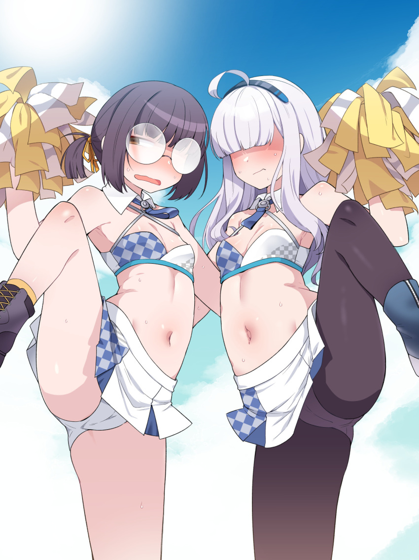 2girls ahoge amagaeru_(hylathewet) ass black_hair blue_archive blue_sky blunt_bangs blush boots breasts brown_eyes cheerleader cosplay detached_collar extra glasses hair_over_eyes hairband highres leg_up long_hair millennium_cheerleader_outfit_(blue_archive) millennium_science_school_student_(blue_archive) millennium_science_school_student_a_(blue_archive) millennium_science_school_student_b_(blue_archive) multiple_girls navel opaque_glasses panties pantyhose pom_pom_(cheerleading) ponytail short_hair sidelocks skirt sky small_breasts underwear white_hair