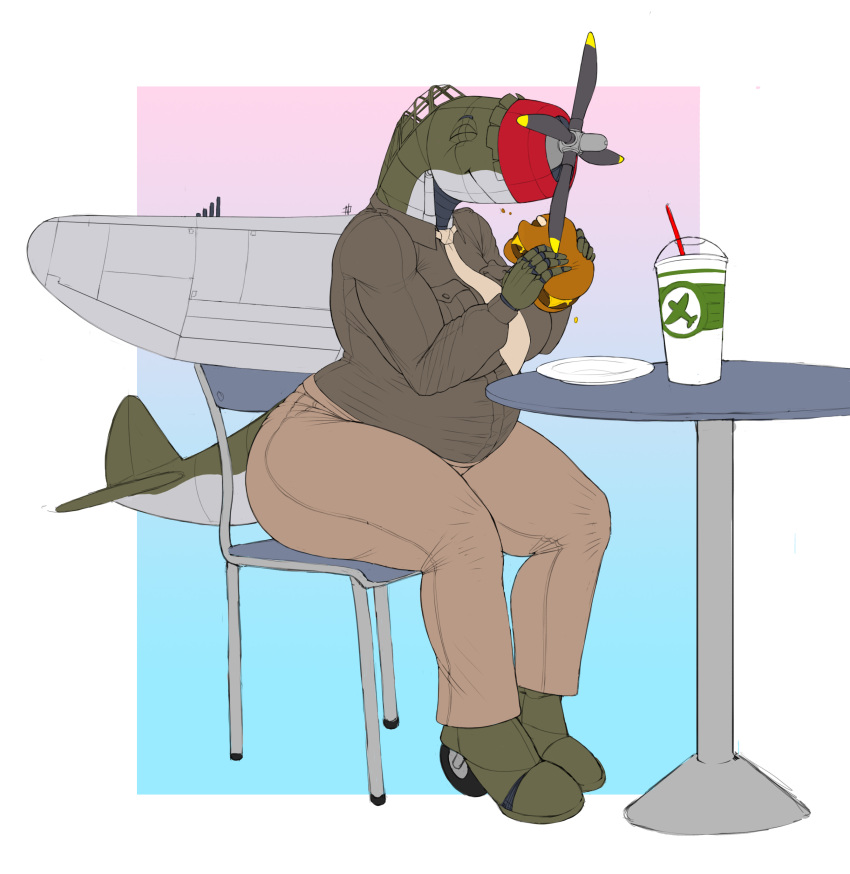 absurd_res aircraft airplane anthro ass belly beverage big_belly big_breasts big_butt breasts burger charlotte_(panzerschreckleopard) clothing eating female food happy hi_res living_aircraft living_machine living_vehicle machine musclegut muscular ndragon3 overweight overweight_anthro overweight_female p-47 p-47_thunderbolt slightly_chubby slightly_chubby_female solo thick_thighs uniform vehicle weight_gain