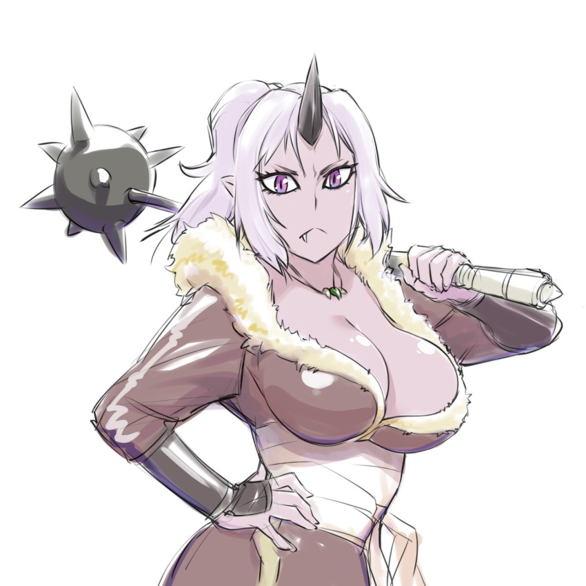 black_horns breasts cleavage closed_mouth colored_skin female highres holding_mace horns large_breasts long_hair looking_at_viewer mace oni oni_horns over_shoulder pointy_ears ponytail purple_eyes purple_hair purple_skin shion_(tensei_shitara_slime_datta_ken) simple_background single_horn slit_pupils solo spiked_mace spikes standing tensei_shitara_slime_datta_ken ueyama_michirou upper_body weapon weapon_over_shoulder white_background