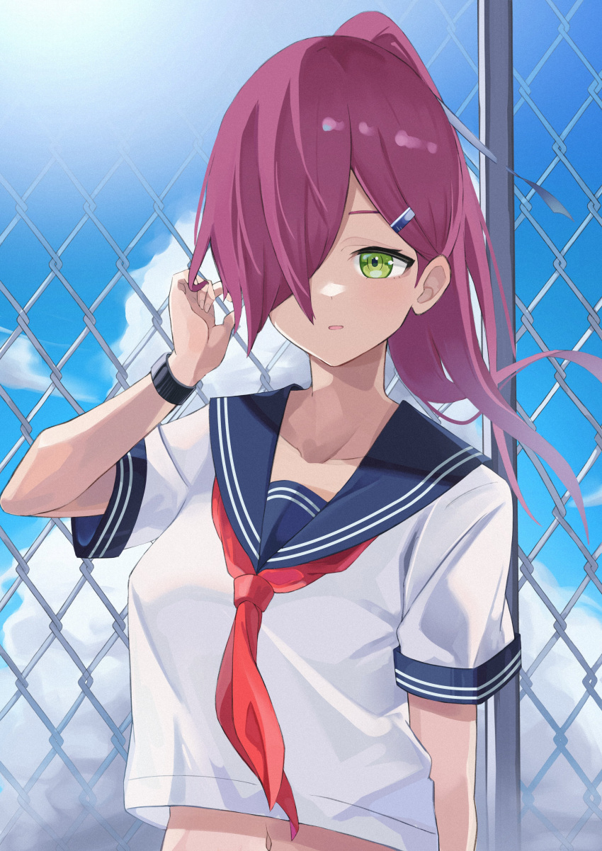 absurdres azur_lane blue_sailor_collar breasts cloud collarbone female fence green_eyes hair_between_eyes hair_ornament hair_over_eyes hairclip hand_in_own_hair highres navel neckerchief official_alternate_costume one_eye_covered open_mouth outdoors pink_hair ponytail red_neckerchief sailor_collar school_uniform serafuku shirt short_sleeves sky soar_sora222 solo standing sun trieste_(azur_lane) trieste_(rooftop_lunch_break)_(azur_lane) upper_body watch white_shirt